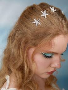 ROMWE Fairycore Mermaid 6pcs Women Rhinestone Starfish Decor Fashion Hair Pin - Silver - View 3
