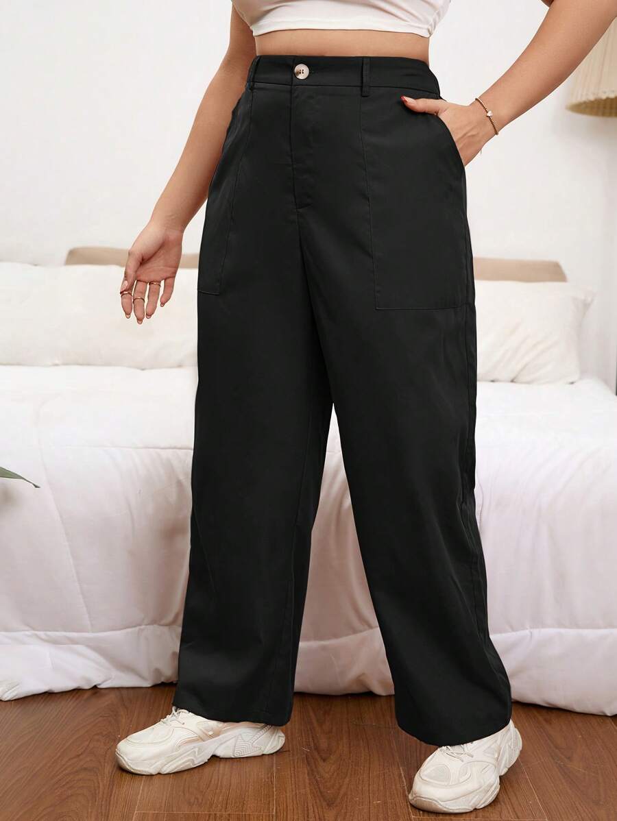 SHEIN Essnce Plus Washed Slant Pocket Trousers - Black - View 1