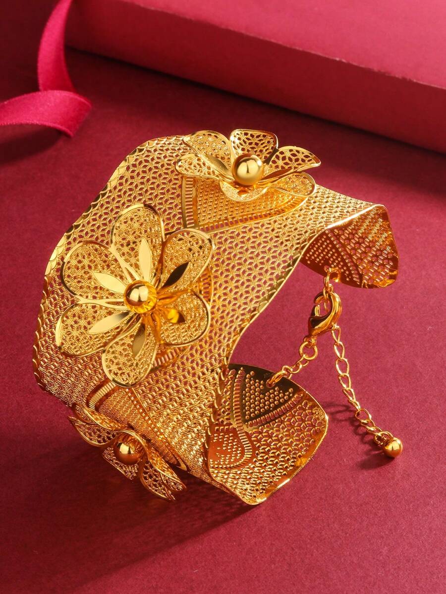 1入組優雅婚禮風格鏤空花朵設計可調節寬袖口手鍊適合派對和節日時尚首飾