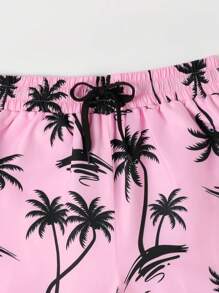 SHEIN Tween Boy Coconut Tree Print Drawstring Waist Swim Shorts - Pink - View 4
