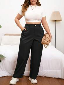 SHEIN Essnce Plus Washed Slant Pocket Trousers - Black - View 5