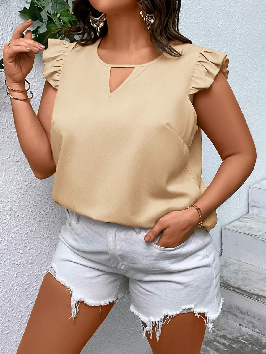 SHEIN LUNE Áo sơ mi Plus Size Cắt ra Xù màu trơn Giải trí - Màu be - Xem 1