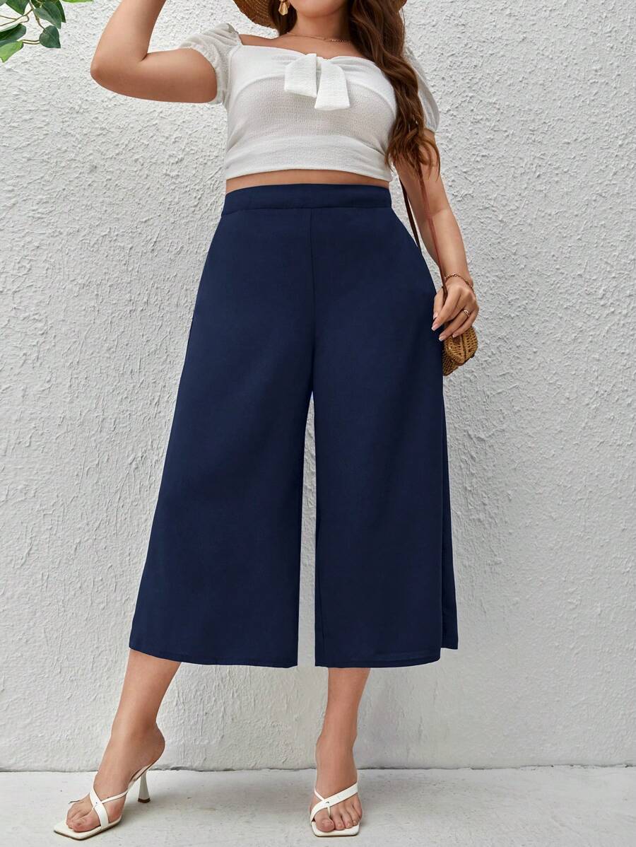SHEIN Essnce Quần Plus Size màu trơn Giải trí - Màu xanh hải quân - Xem 1