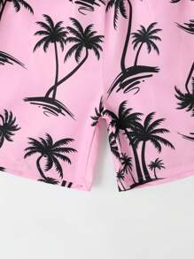 SHEIN Tween Boy Coconut Tree Print Drawstring Waist Swim Shorts - Pink - View 5