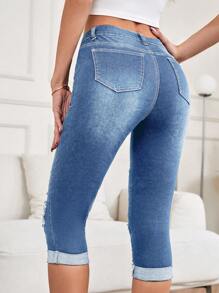 Quần jean nữ Túi Bị tách Nút phía trước màu trơn - Rửa nhẹ - Xem 2