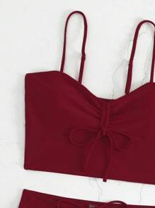 SHEIN Swim Summer Beach Solid Drawstring Bikini - Burgundy - View 7