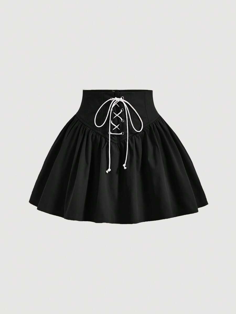 SHEIN MOD Lace Up Front Flare Skirt - Black - View 1