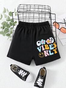 SHEIN Quần Short Gái Hoa Lá thư Giải trí - màu đen - Xem 1