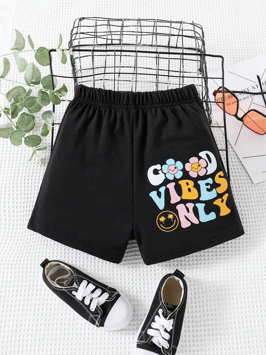 SHEIN Quần Short Gái Hoa Lá thư Giải trí - màu đen - Xem 1