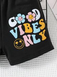 SHEIN Quần Short Gái Hoa Lá thư Giải trí - màu đen - Xem 4