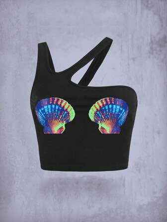 Shell Print Asymmetrical Neck Crop Top