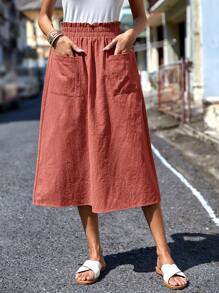 SHEIN LUNE 雙口袋紙袋腰A字半身裙 - 鏽棕色 - 查看 1