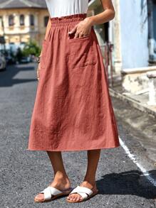 SHEIN LUNE 雙口袋紙袋腰A字半身裙 - 鏽棕色 - 查看 5