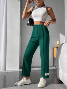 SHEIN PETITE 字母補丁細節接縫細節長褲 - 墨綠色 - 查看 3