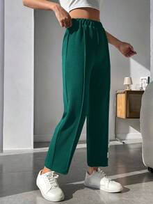 SHEIN PETITE 字母補丁細節接縫細節長褲 - 墨綠色 - 查看 4