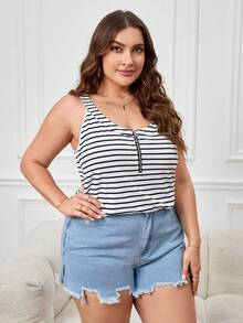 SHEIN LUNE Áo ba lỗ có khóa kéo nửa sọc Plus - Đen và trắng - Xem 7