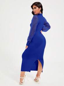 SHEIN SXY Đầm Tương phản Mesh Chia màu trơn Thanh lịch - Xanh đậm - Xem 2