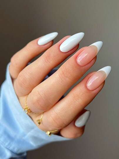 Get Glamorous With 24pcs Short Almond White French Two Tone Fake Nail & 1sheet Tape & 1pc Nail File Nails