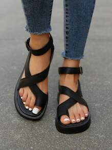女性搭扣裝飾踝帶丁字褲時尚夏天涼鞋 - 黑色 - 查看 1