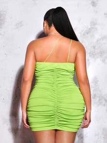 SHEIN BAE Plus One Shoulder Cut Out Ruched Bodycon Dress - Lime Green - View 2