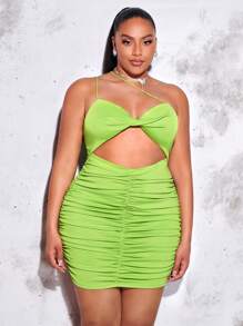 SHEIN BAE Plus One Shoulder Cut Out Ruched Bodycon Dress - Lime Green - View 8