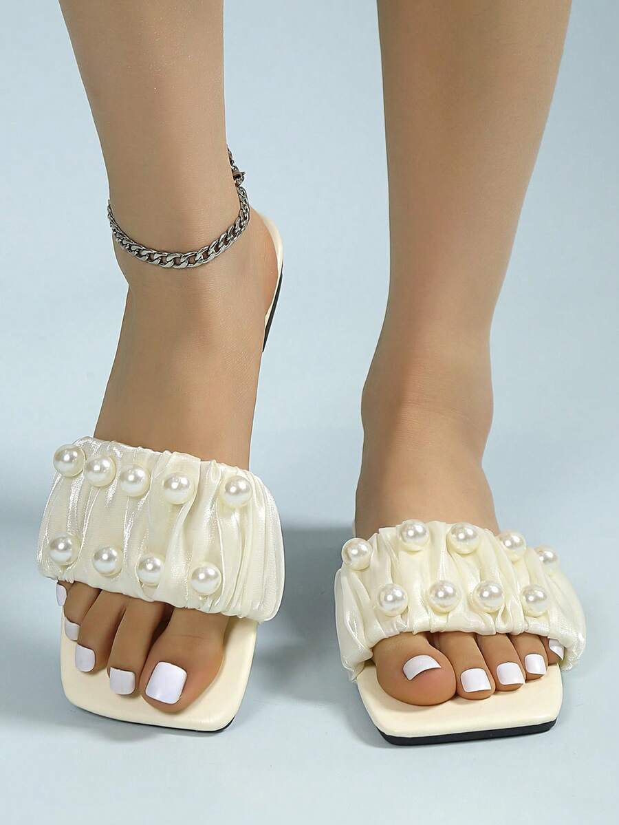女性人造珍珠裝飾褶邊時尚夏天平底涼鞋