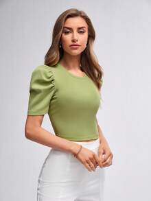 BizChic Camiseta crop de manga farol - Verde Lima - Ver 3