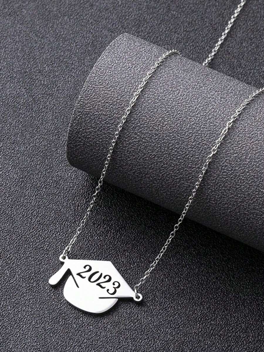 1入組時尚不銹鋼生日年數細節畢業帽吊墜項鍊適合女士適用於畢業禮物 - 銀色 - 查看 1