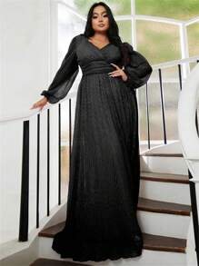 seomiscky Plus Surplice Neck Lantern Sleeve Glitter Formal Dress - Black - View 1