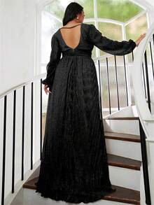 seomiscky Plus Surplice Neck Lantern Sleeve Glitter Formal Dress - Black - View 2