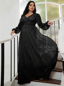 seomiscky Plus Surplice Neck Lantern Sleeve Glitter Formal Dress - Black - View 7