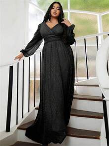 seomiscky Plus Surplice Neck Lantern Sleeve Glitter Formal Dress - Black - View 8