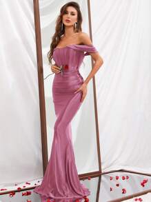 Off Shoulder Mermaid Hem Satin Bridesmaid Dress - Dusty Pink - View 6