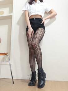 1pair Women Flower Pattern Fashionable Fishnet Tights For Daily Life