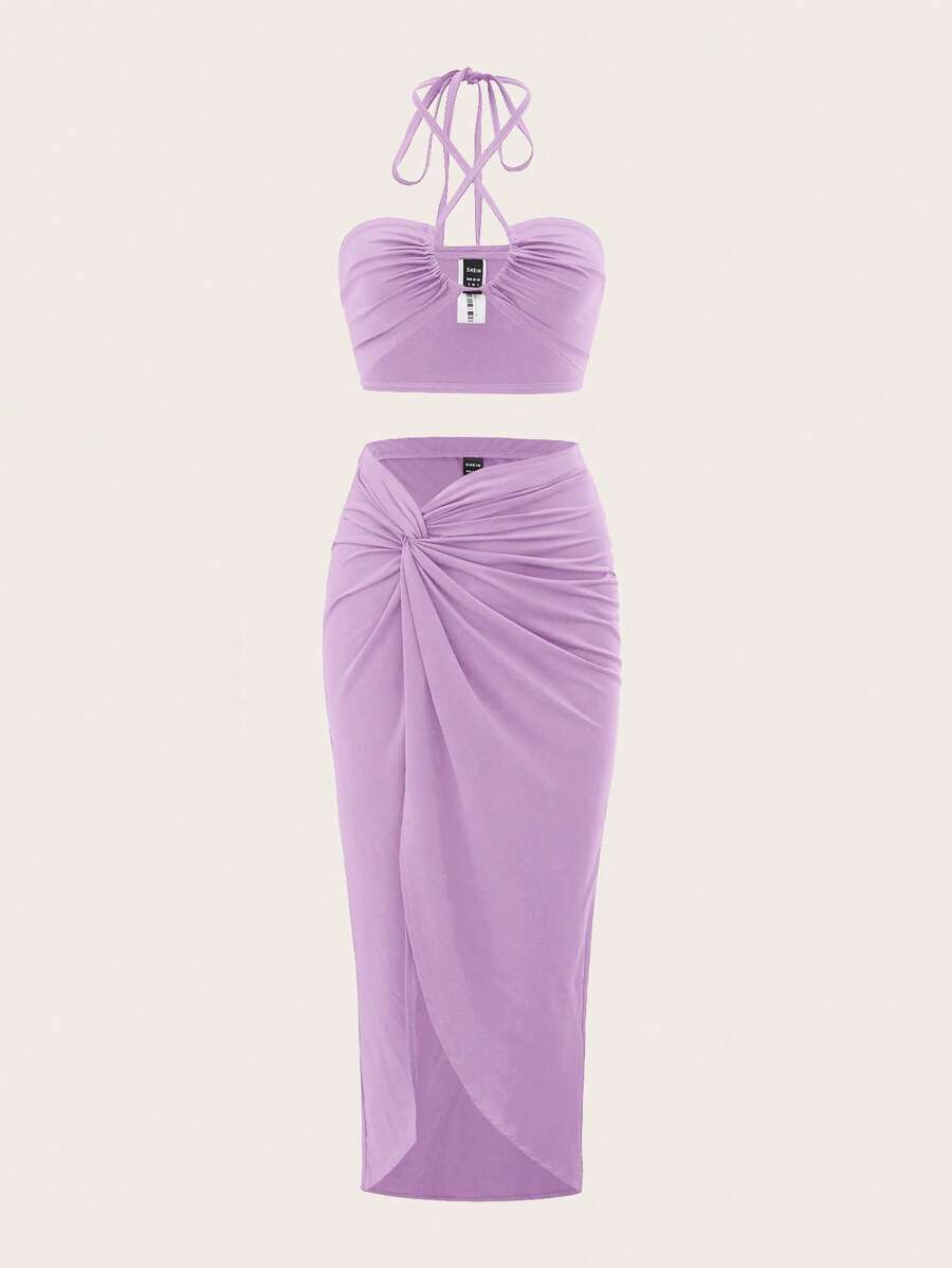 SHEIN ICON Tie Backless Halter Top & Twist Front Skirt - Lilac Purple - View 1
