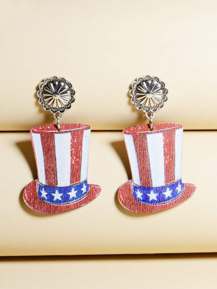 1對時尚木頭星星圖案帽子耳墜適合女士適用於美國獨立日 - 彩色 - 查看 1