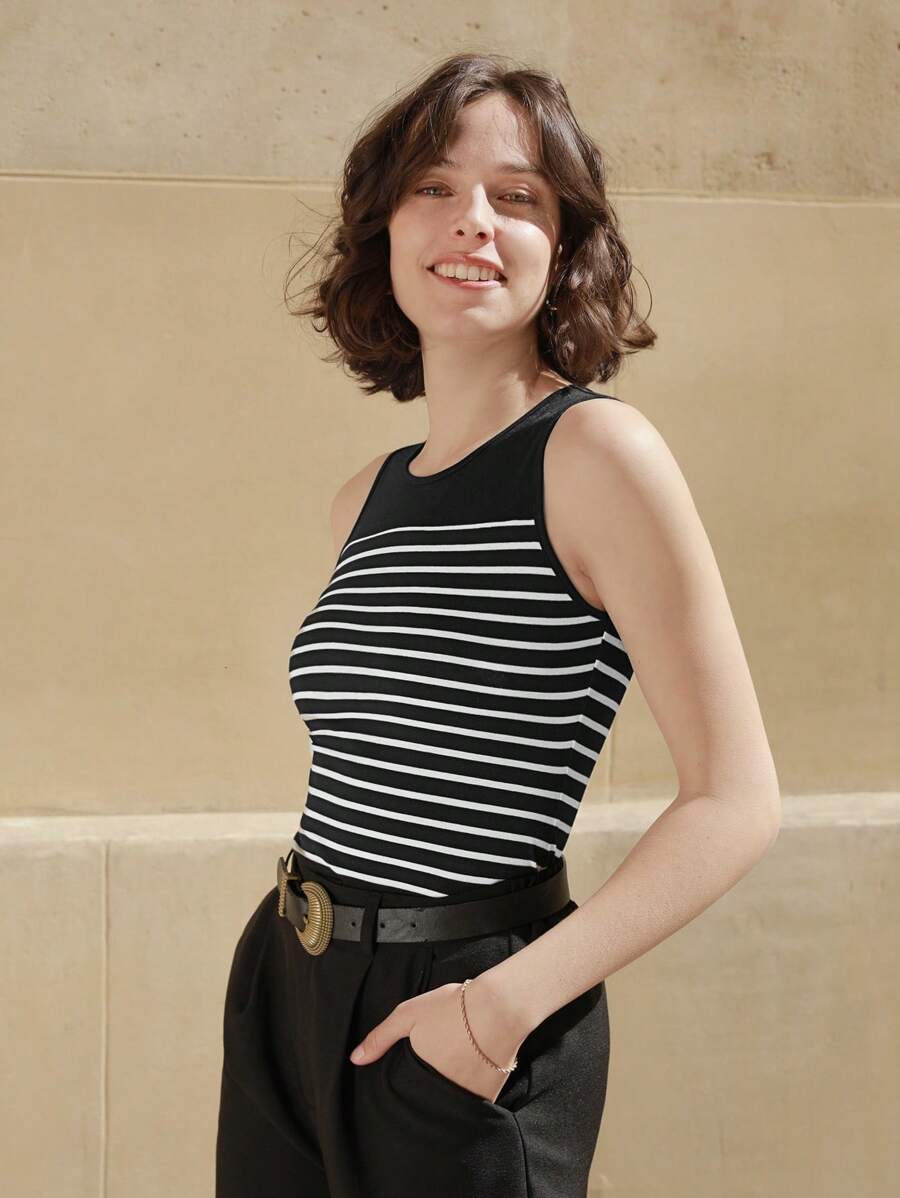 Poéselle Striped Print Tank Top - Black - View 1