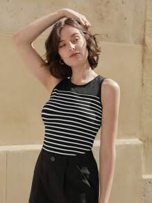Poéselle Striped Print Tank Top - Black - View 3