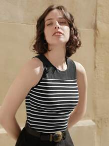 Poéselle Striped Print Tank Top - Black - View 5