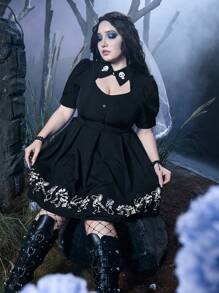 Corpse Bride | ROMWE Plus Skeleton Print Cut Out Puff Sleeve Fold Pleated Dress Gothic - Black - View 4