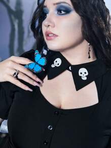 Corpse Bride | ROMWE Plus Skeleton Print Cut Out Puff Sleeve Fold Pleated Dress Gothic - Black - View 5