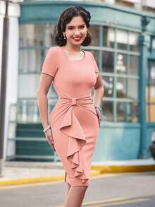 Asymmetrical Neck Knot Side Ruffle Trim Bodycon Dress - Coral Pink - View 4