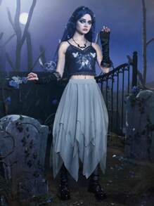 ROMWE Goth 素色不對稱下擺網紗半身裙 - 淺藍色 - 查看 2