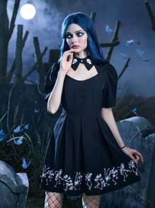 Corpse Bride | ROMWE Skeleton Print Cut Out Puff Sleeve Fold Pleated Dress Gothic - Black - View 1