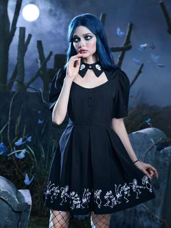 Corpse Bride | ROMWE Skeleton Print Cut Out Puff Sleeve Fold Pleated Dress Gothic