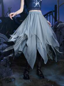 ROMWE Goth 素色不對稱下擺網紗半身裙 - 淺藍色 - 查看 5