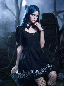 Corpse Bride | ROMWE Skeleton Print Cut Out Puff Sleeve Fold Pleated Dress Gothic - Black - View 4