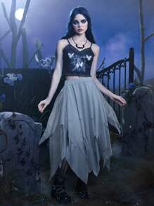 ROMWE Goth 素色不對稱下擺網紗半身裙 - 淺藍色 - 查看 6