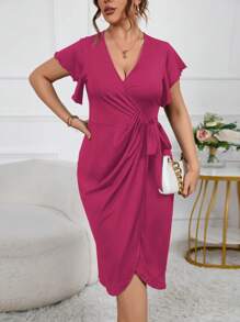 SHEIN Clasi Đầm Plus Size Thắt nút Trọn gói màu trơn Thanh lịch - Màu Hồng Tươi - Xem 6