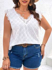 SHEIN VCAY Plus Eyelet Embroidery Contrast Lace Scallop Trim Tee - White - View 3